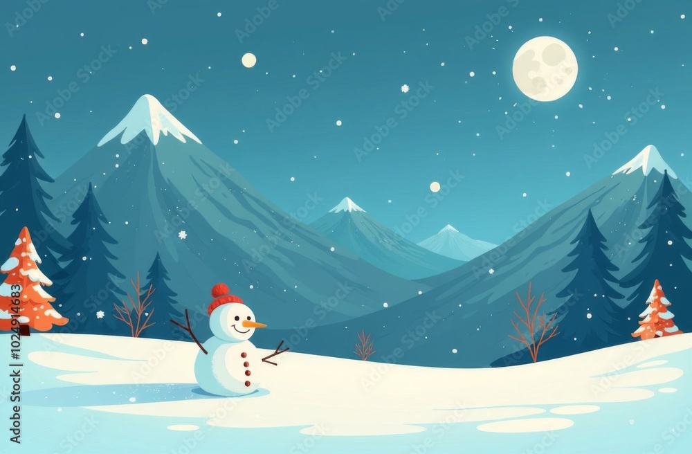 Fototapeta premium Snowman standing in the forest in winter on the snow, the background of mountains, snowfall, night, full moon