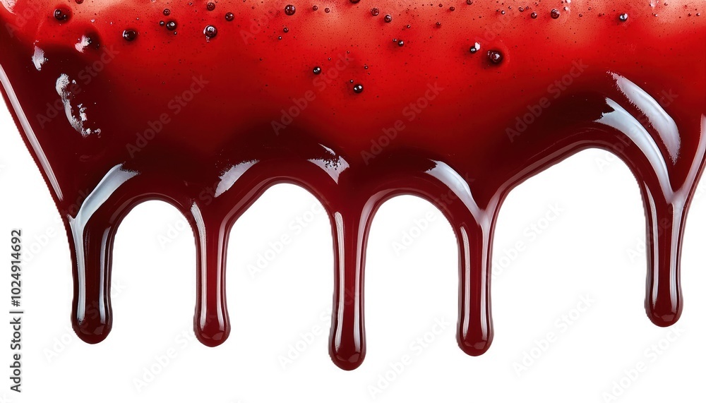 Photorealistic close-up of red liquid jam, slowly dripping from top to bottom against a pure white background Photorealistic close-up of red liquid jam, slowly dripping from top to bottom against a pure white background