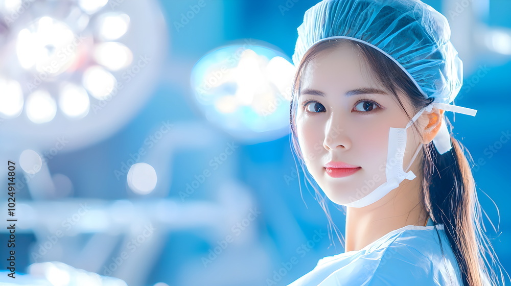 Focused Determination: A woman in a surgical cap and mask gazes directly at the camera, demonstrating unwavering focus and commitment in a sterile healthcare environment. Focused Determination: A woman in a surgical cap and mask gazes directly at the camera, demonstrating unwavering focus and commitment in a sterile healthcare environment.