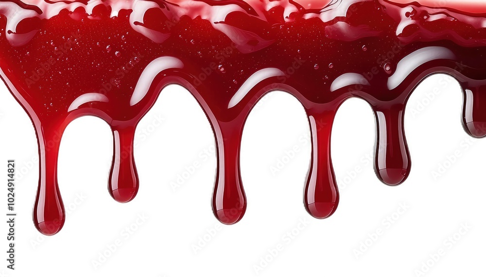 Photorealistic close-up of red liquid jam, slowly dripping from top to bottom against a pure white background Photorealistic close-up of red liquid jam, slowly dripping from top to bottom against a pure white background
