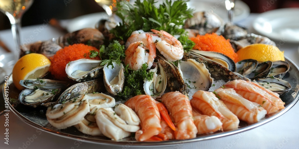 Platter of fresh seafood with shrimp, crab, oysters, clams, and mussels. Platter of fresh seafood with shrimp, crab, oysters, clams, and mussels.