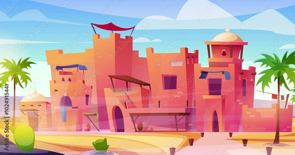 Ancient arab city. Moving banner with panorama of oriental town with houses and palm trees. Cityscape with traditional Muslim architecture, antique castle in hot desert area. Cartoon animated graphics Ancient arab city. Moving banner with panorama of oriental town with houses and palm trees. Cityscape with traditional Muslim architecture, antique castle in hot desert area. Cartoon animated graphics