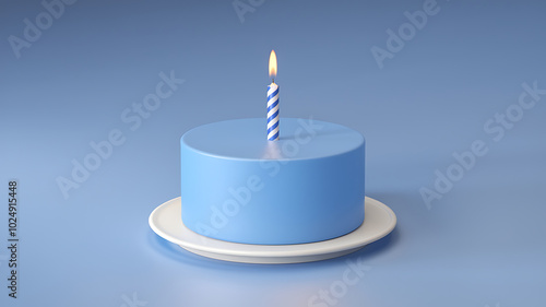 Blue cake with white candle on a white plate against a blue background minimalist birthday celebration. 