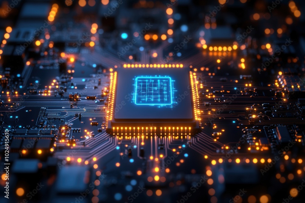 Futuristic Microchip on Circuit Board with Glowing Lights Futuristic Microchip on Circuit Board with Glowing Lights