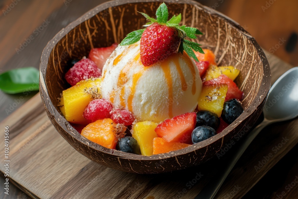 Mixed fruit bowl with ice cream served in a coconut shell on wooden board Mixed fruit bowl with ice cream served in a coconut shell on wooden board