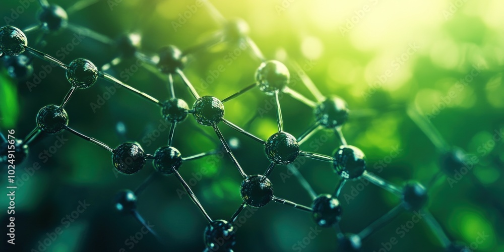 Abstract molecular structure with green background and sun glare.