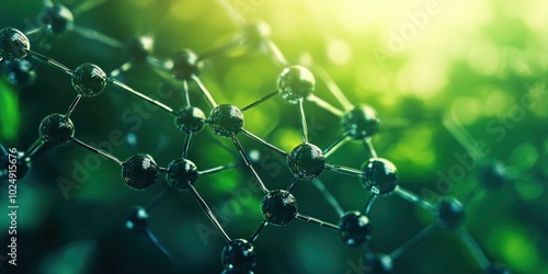 Obraz na płótnie Abstract molecular structure with green background and sun glare. w salonie