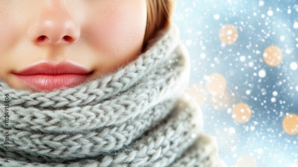 Cozy winter warmth with a knitted scarf and a snowy backdrop, AI Cozy winter warmth with a knitted scarf and a snowy backdrop, AI