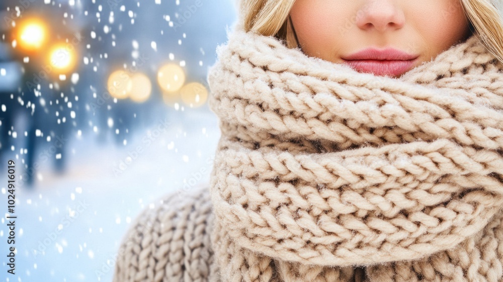 Cozy winter fashion with a thick knitted scarf and falling snowflakes, AI Cozy winter fashion with a thick knitted scarf and falling snowflakes, AI