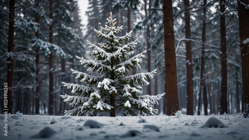 A single evergreen tree stands out in a snowy forest.