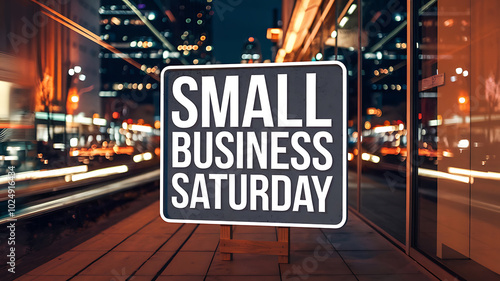 Black sign with white text, urban night scene, Small Business Saturday shopping event. 
