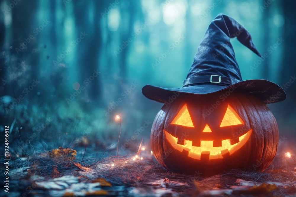 Fototapeta premium Enchanting Halloween Pumpkin in Mystical Forest Setting
