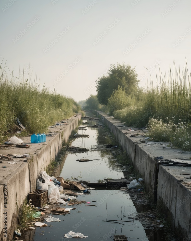 Fototapeta premium Pollution in Abandoned Canal with Litter and Vegetation.