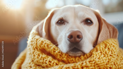 A dog wrapped snugly in a bright yellow knitted blanket, soft sunlight streaming in the background, depicting comfort and warmth in a serene setting. photo