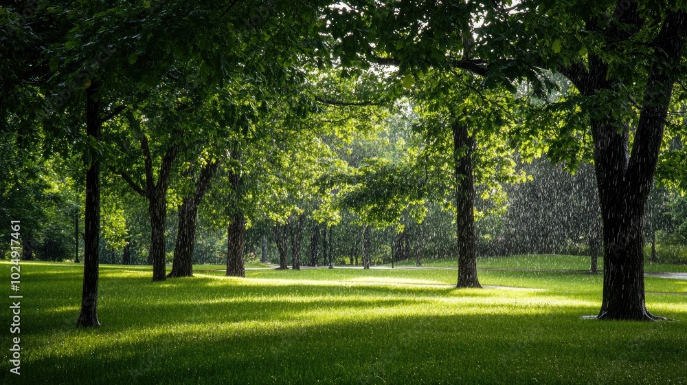 A rainy day in the park with soft light filtering through the trees, raindrops falling gently on the grass. A rainy day in the park with soft light filtering through the trees, raindrops falling gently on the grass.