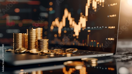 A laptop displaying financial graphs with stacks of coins and cryptocurrency.