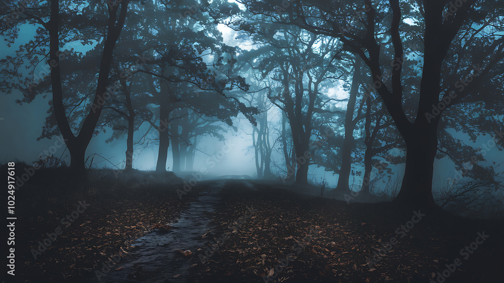 Fototapeta premium Dark trees and a misty path create an eerie atmosphere, perfect for Halloween or a spooky story. 