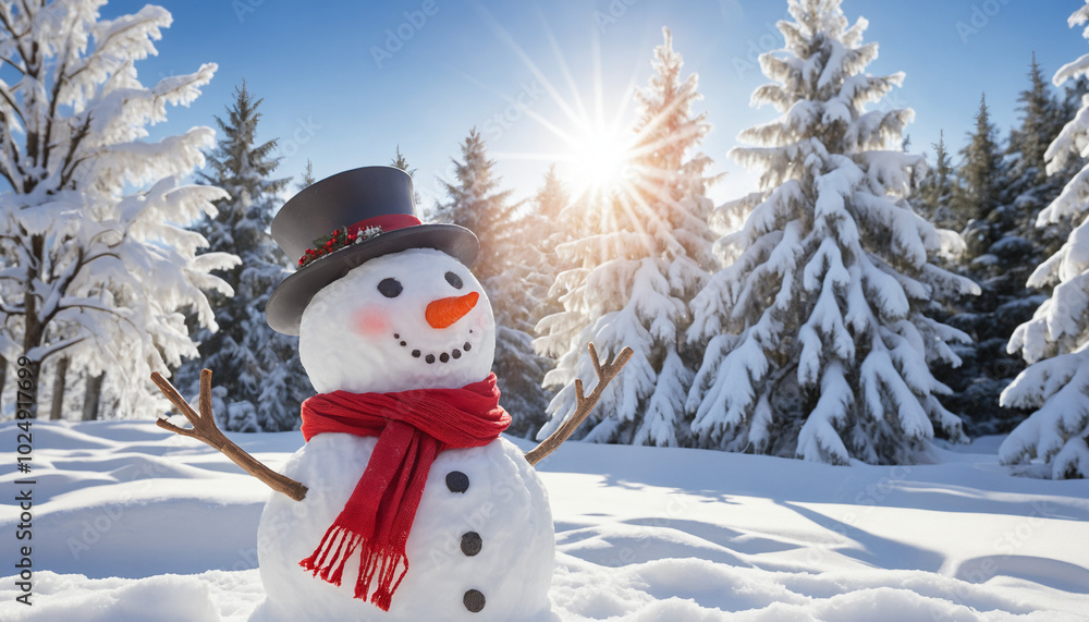 Obraz premium Snowman smiling joyfully in winter forest with sun shining 