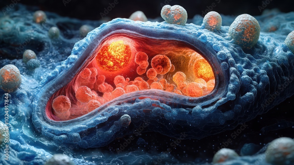 Fototapeta premium Microscopic view of a cell with glowing structures inside.