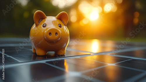 A piggy bank on solar panels, symbolizing savings and sustainability.