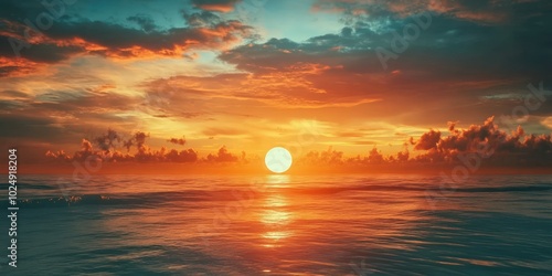 A vibrant sunset over the ocean with colorful clouds and a reflection of the sun on the water.