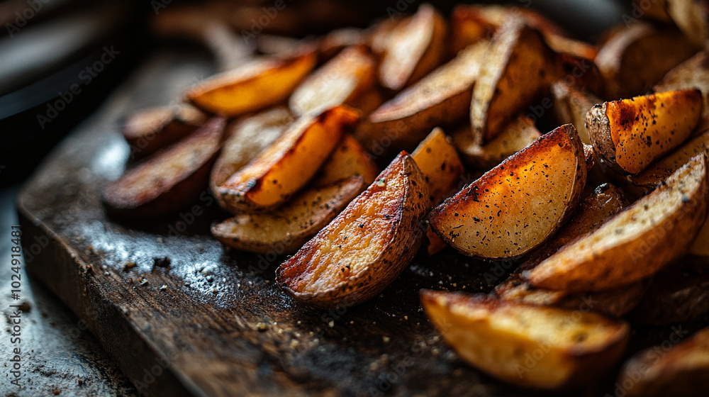 Crispy roasted potato wedges served on a wooden board with seasoning and herbs Crispy roasted potato wedges served on a wooden board with seasoning and herbs
