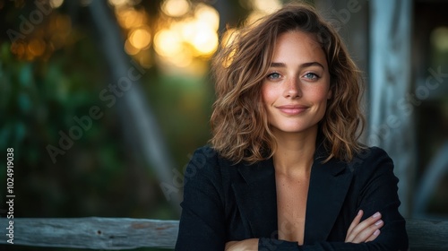 An elegant portrait of a casually dressed woman smiling outdoors, accentuated by the warm glow of a sunset creating a harmonious and inviting atmosphere.