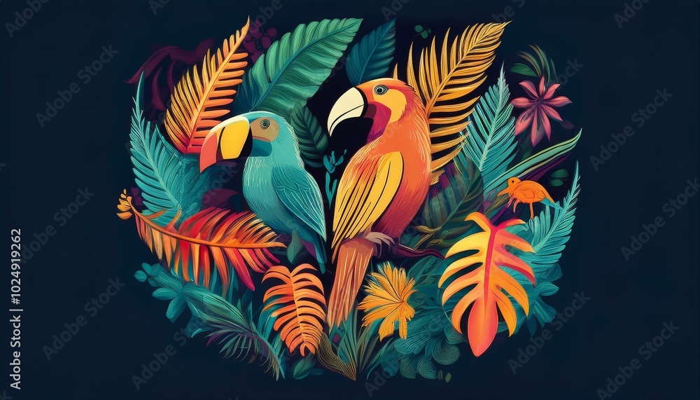Fototapeta premium Tropical flora and fauna: palm leaves, exotic birds, and jungle animals in a colorful, stylized vector set.