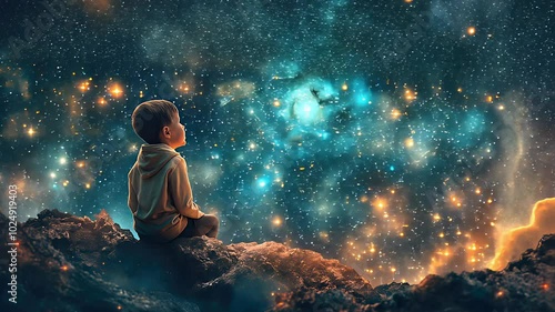 boy looking at night starry sky with glitter glow galaxy.  Created with generative AI.