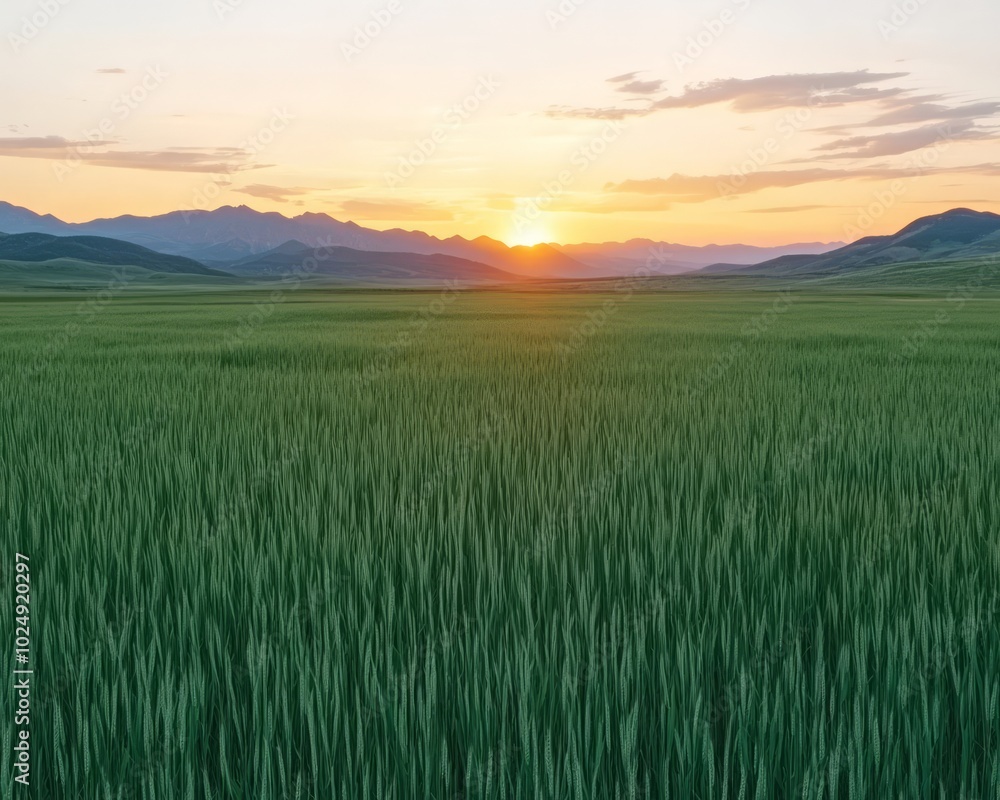 A serene landscape featuring green fields and a sunset over distant mountains. A serene landscape featuring green fields and a sunset over distant mountains.