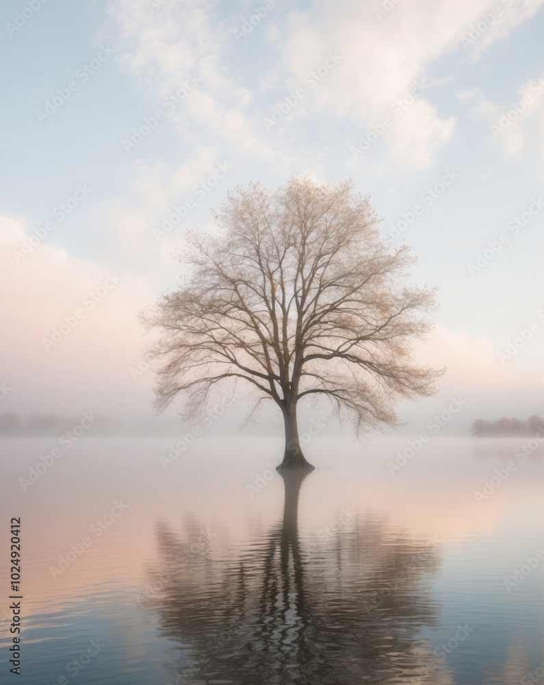Serene Tree Reflection in Calm Lake at Sunrise. Serene Tree Reflection in Calm Lake at Sunrise.