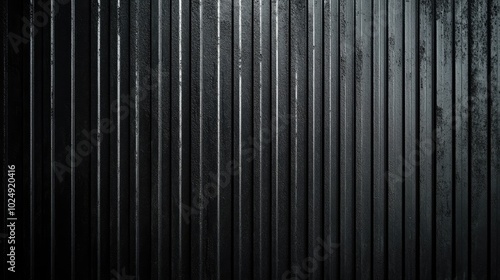 A sleek and minimalistic close-up of a dark, vertical corrugated metal surface with textured ridges. The even lighting emphasizes the industrial and modern aesthetic.