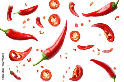 Flying falling red chili peppers isolated on transparent or white background, png