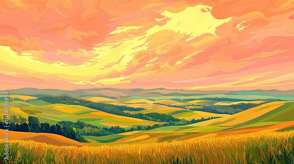 Obraz premium A serene countryside sunset with rolling green hills, golden fields, and a vibrant sky of pink and orange hues.