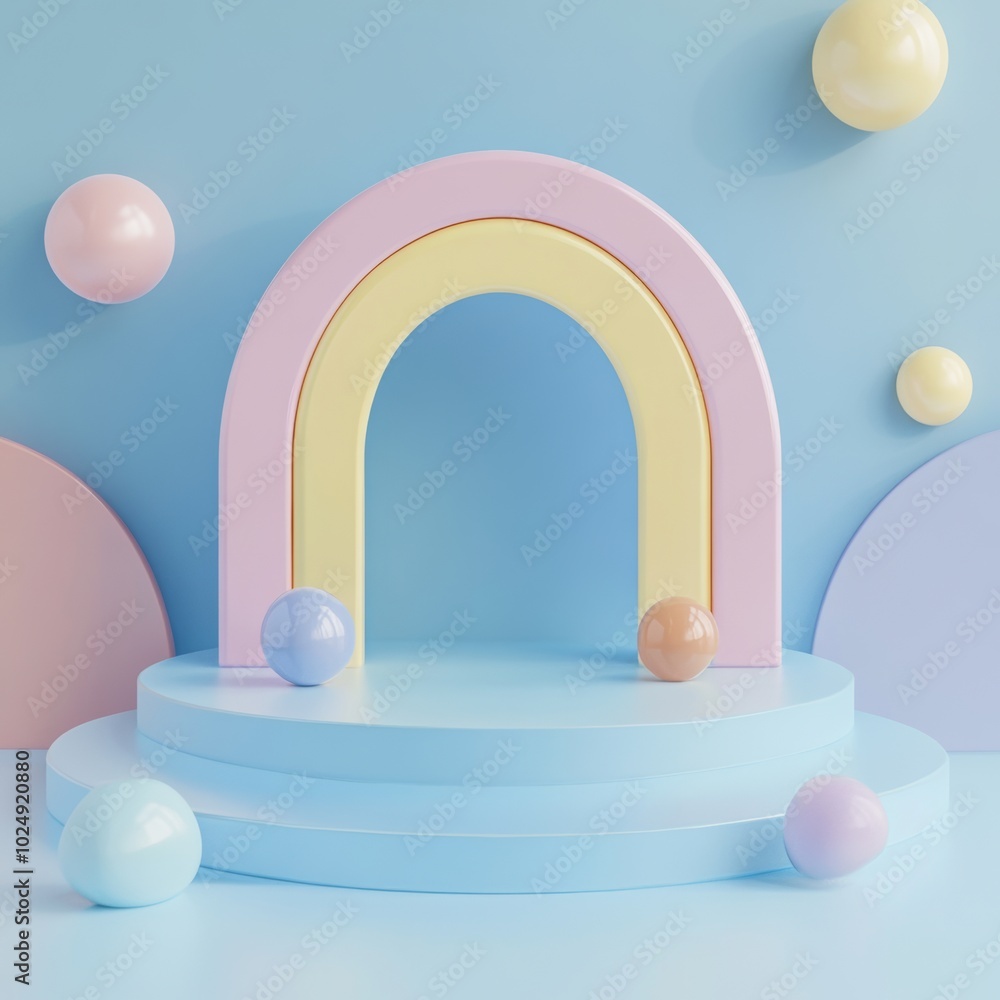 A 3D geometric rainbow sitting on a light blue platform with pastel shapes around A 3D geometric rainbow sitting on a light blue platform with pastel shapes around