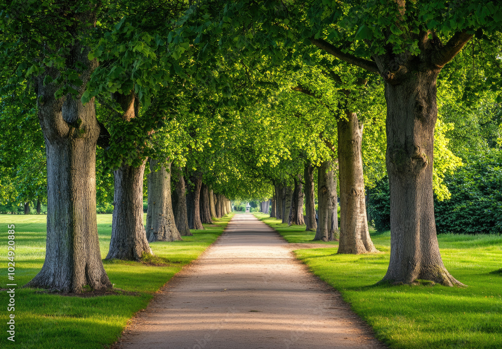 an elegant, tree-lined path leading through lush greenery, creating a picturesque and serene scene an elegant, tree-lined path leading through lush greenery, creating a picturesque and serene scene