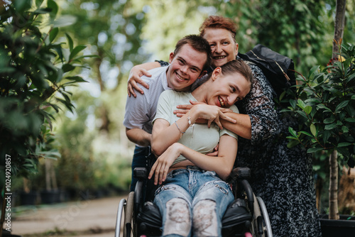 A heartwarming scene featuring a boy with Down syndrome, a girl in a wheelchair, and an elderly woman sharing a joyful moment in a vibrant garden setting.