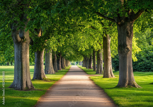 Fototapeta Naklejka Na Ścianę i Meble -  an elegant, tree-lined path leading through lush greenery, creating a picturesque and serene scene