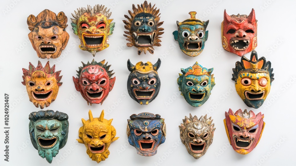 Colorful Collection of Traditional Masks on Display Colorful Collection of Traditional Masks on Display