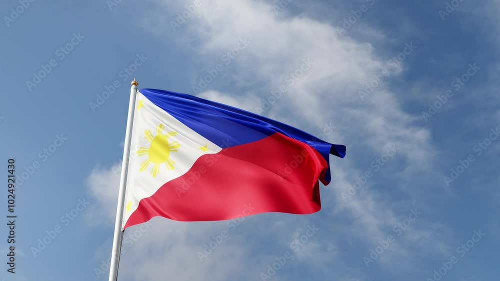 Flag of philippines on a blue sky, flag on a flag pole waving in the wind, asian country, national symbol of philippines island, video of a flag