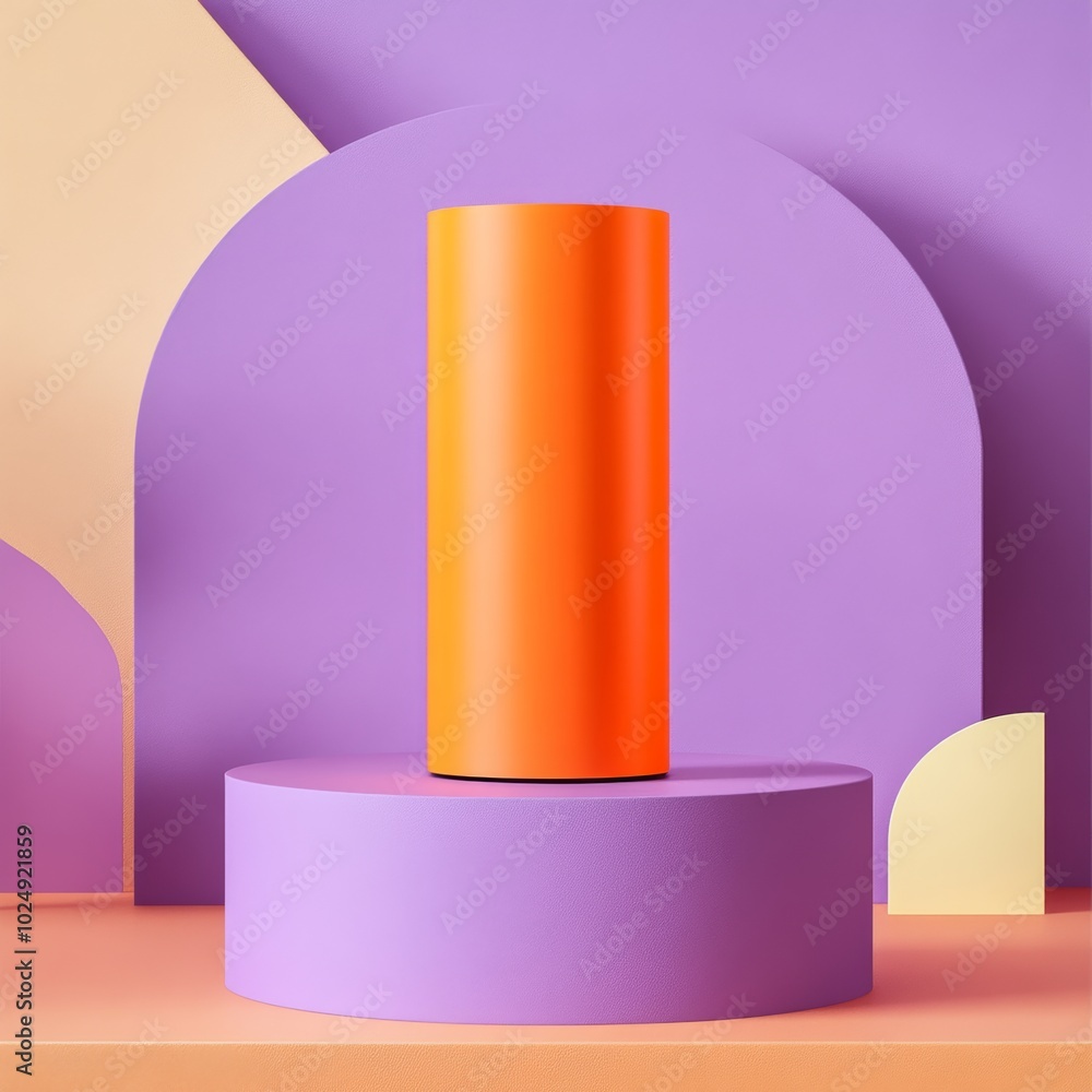 A bright orange cylinder displayed on a geometric, abstract podium with a pastel purple background A bright orange cylinder displayed on a geometric, abstract podium with a pastel purple background