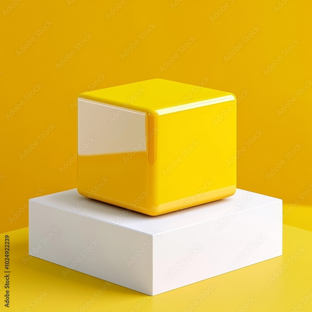 A bright yellow 3D cube with a glossy surface resting on a white geometric podium A bright yellow 3D cube with a glossy surface resting on a white geometric podium