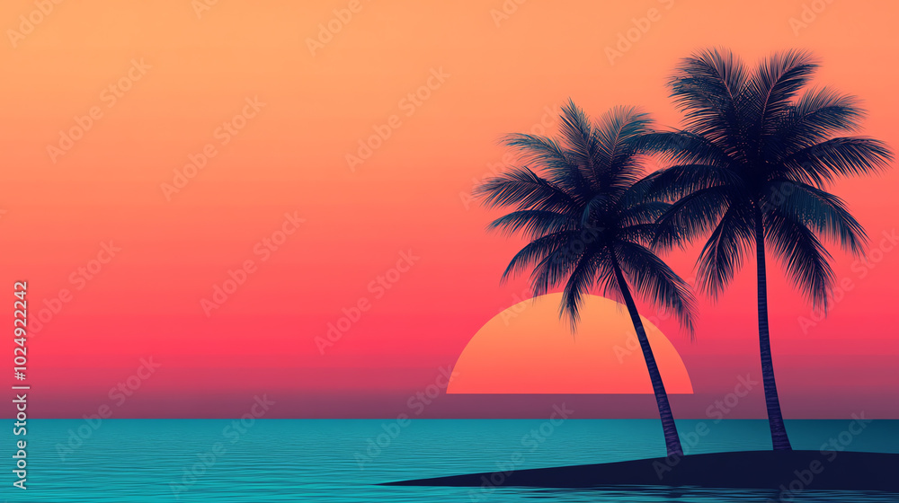 Vibrant sunset over a serene ocean with palm trees silhouetted against the colorful sky, creating a tropical paradise feel. Vibrant sunset over a serene ocean with palm trees silhouetted against the colorful sky, creating a tropical paradise feel.