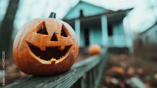 A close shot of a smiling jack-o'-lantern resting on a wooden railing, with a blurred house in the background, capturing the essence of Halloween decoration. photo