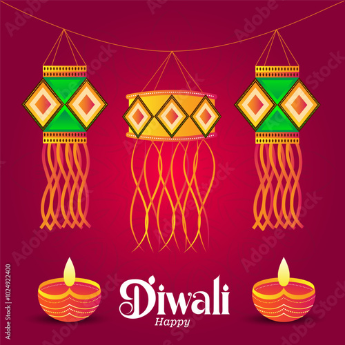  Three intricately designed hanging lanterns arranged vertically At the bottom two lit diyas are placed Happy Diwali is written in a festive font across the center conveying joy 