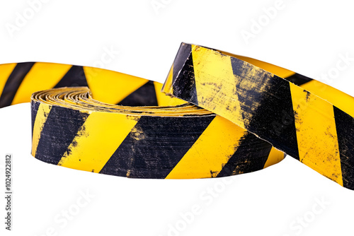 Rolled up yellow and black hazard tape used to mark off restricted areas, isolated on white background.