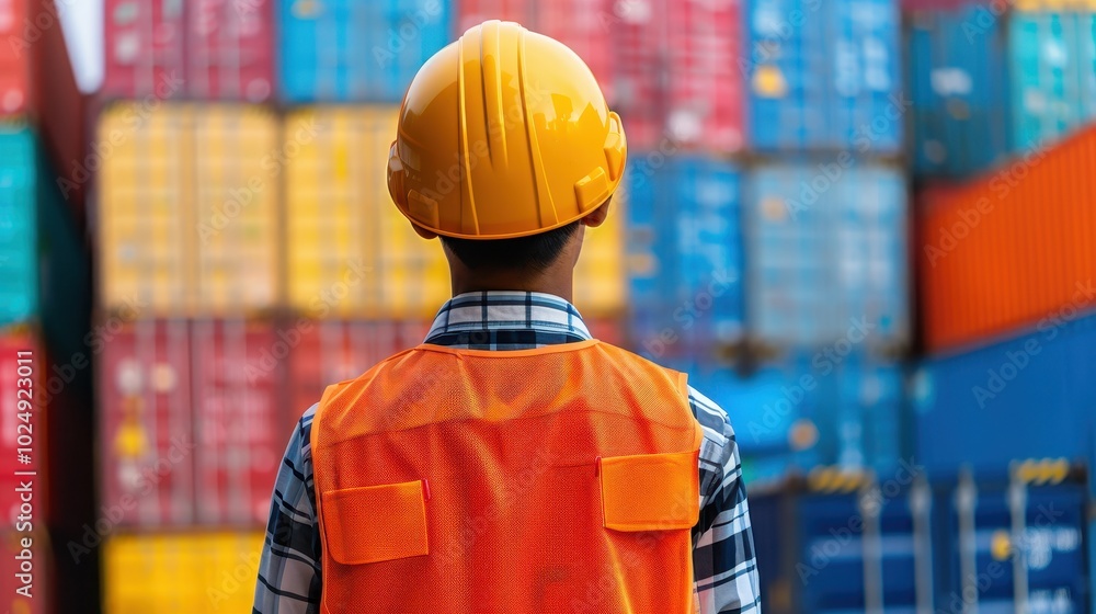 Worker in orange safety vest and hard hat examines stacked shipping containers at a port, focusing on logistics and transportation. Worker in orange safety vest and hard hat examines stacked shipping containers at a port, focusing on logistics and transportation.