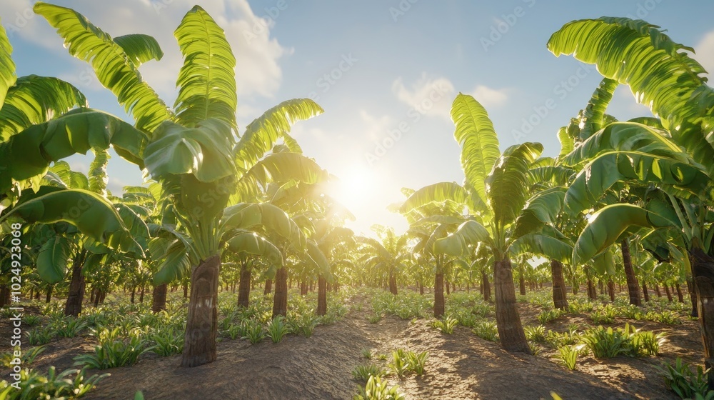 Fototapeta premium Lush Banana Plantation Under Bright Sky