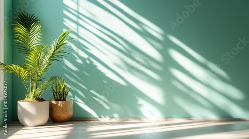 In a brightly lit room, two potted plants of varying sizes are showcased, with their elongated shadows stretching across a smooth turquoise wall, creating depth and texture. photo