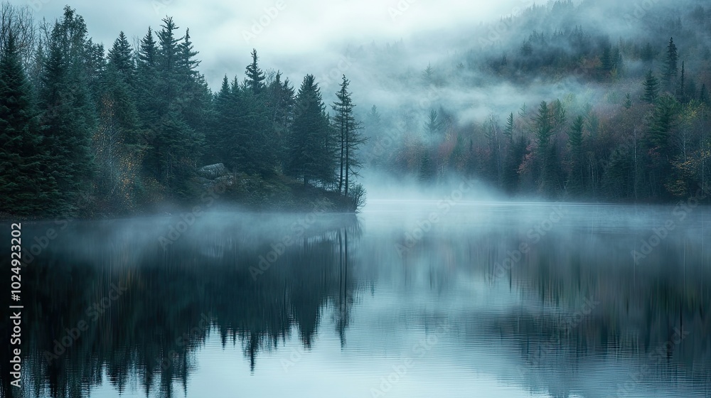 A serene lake covered in fog, with the water and surrounding trees hidden by the thick mist. A serene lake covered in fog, with the water and surrounding trees hidden by the thick mist.